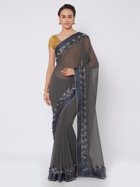 

Kvsfab Grey Solid Poly Georgette Saree