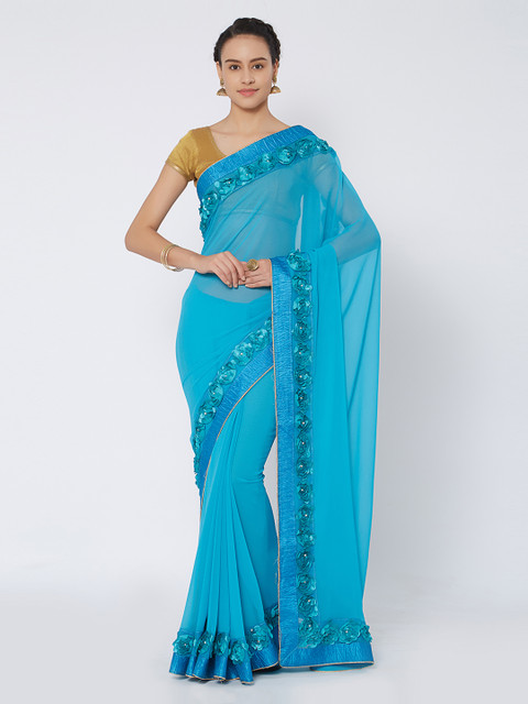 

Kvsfab Blue Solid Poly Georgette Saree
