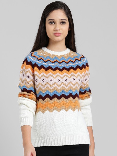 

Zink London Women White & Beige Self Design Wool Pullover