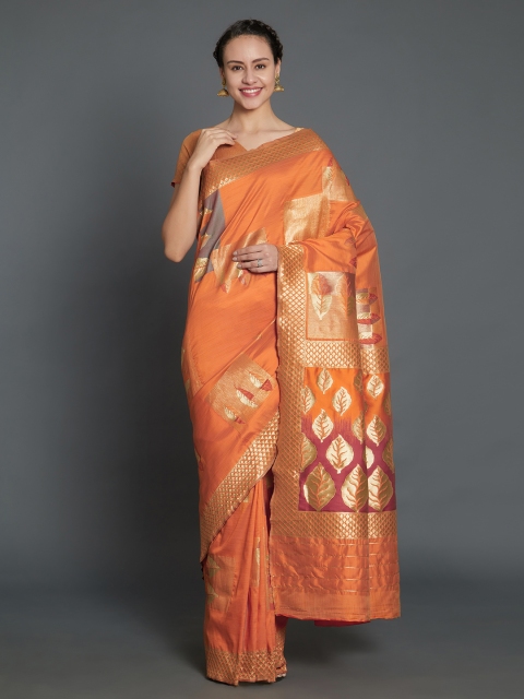 

Mitera Orange Silk Blend Woven Design Kanjeevaram Saree