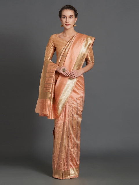 

Mitera Peach-Coloured Silk Blend Woven Design Kanjeevaram Saree