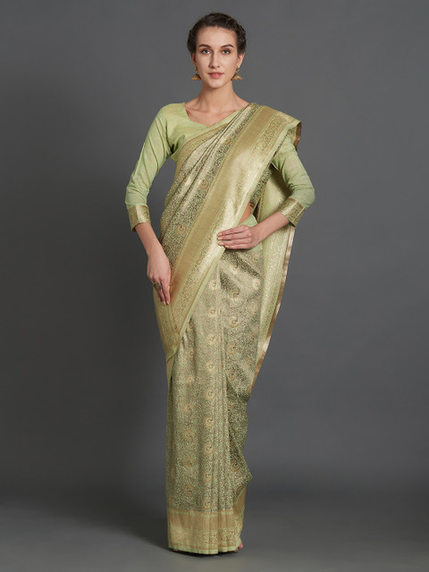 

Mitera Green Silk Blend Woven Design Kanjeevaram Saree
