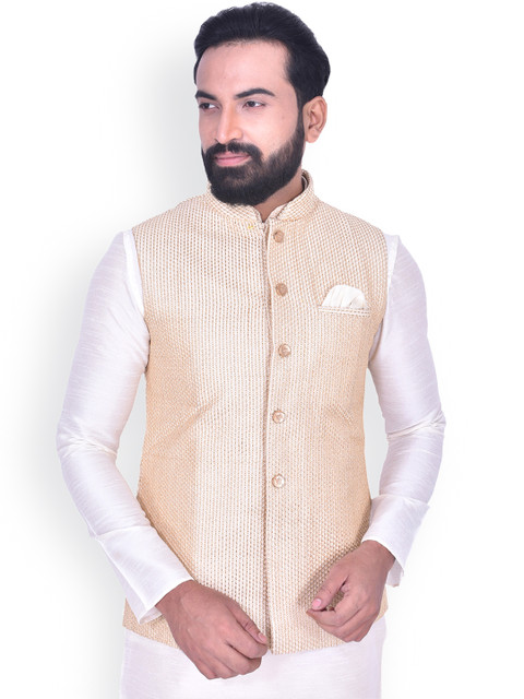 

Manyavar Men Cream-Coloured Woven Design Nehru Jacket