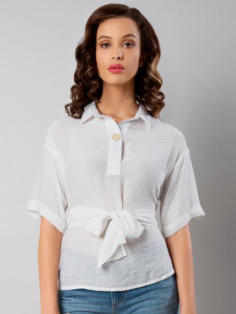 

FabAlley Women White Solid Shirt Style Top