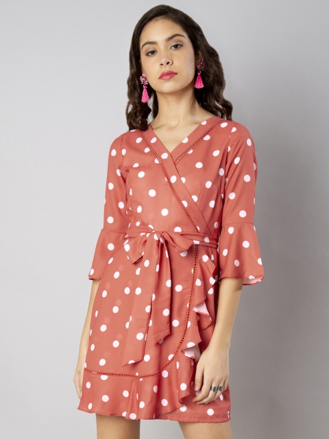 

FabAlley Women Coral Printed Wrap Dress