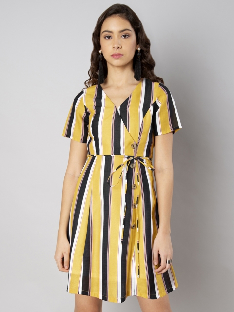 

FabAlley Women Yellow Striped Wrap Dress