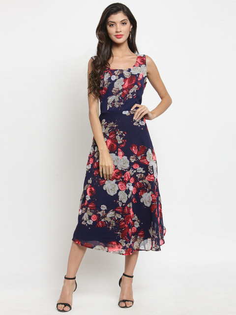 

Just Wow Women Navy Blue Printed Fit and Flare Dress