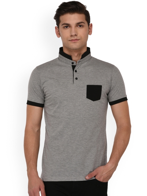 

oneliner Men Grey Solid Mandarin Collar T-shirt
