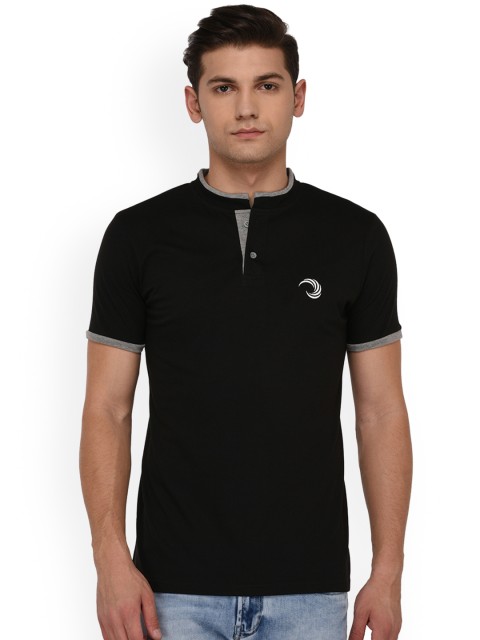 

oneliner Men Black Solid Mandarin Collar T-shirt