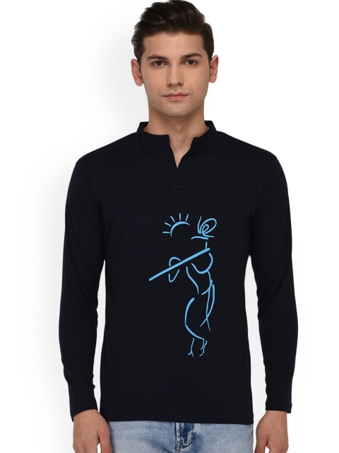 

oneliner Men Navy Blue Printed Mandarin Collar T-shirt