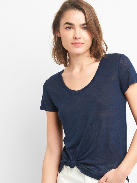 

GAP Navy Blue Short Sleeve Scoop Neck T-Shirt In Linen
