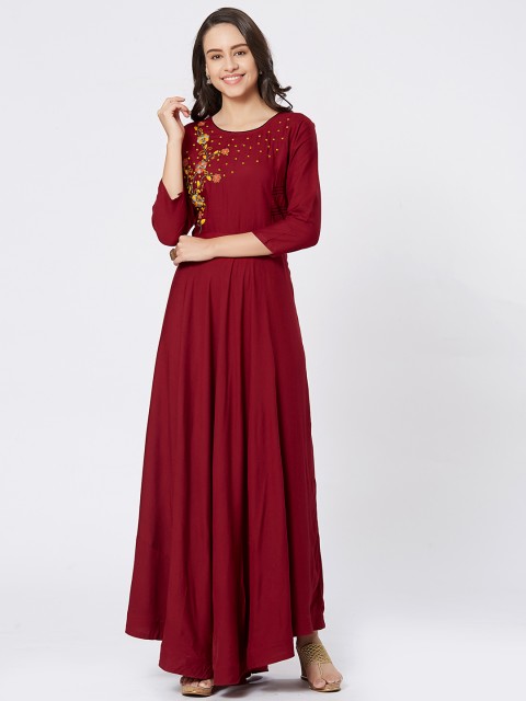 

Kvsfab Women Maroon Embroidered A-Line Kurta