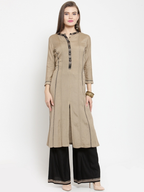

Kvsfab Women Taupe & Black Embroidered Kurti with Palazzos