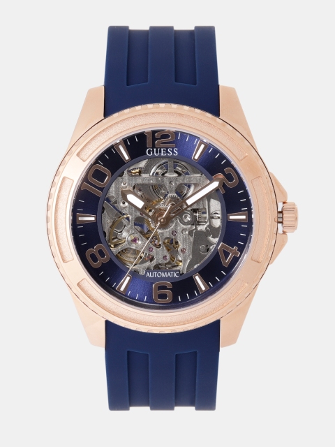 

GUESS Men Silver-Toned & Navy Blue Skeleton Automatic Watch W1178G3