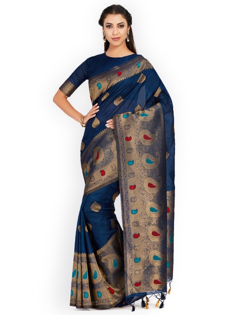 

MIMOSA Navy Blue & Red Art Silk Woven Design Kanjeevaram Saree
