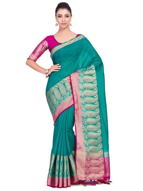 

MIMOSA Teal Green Linen Blend Woven Design Kanjeevaram Saree
