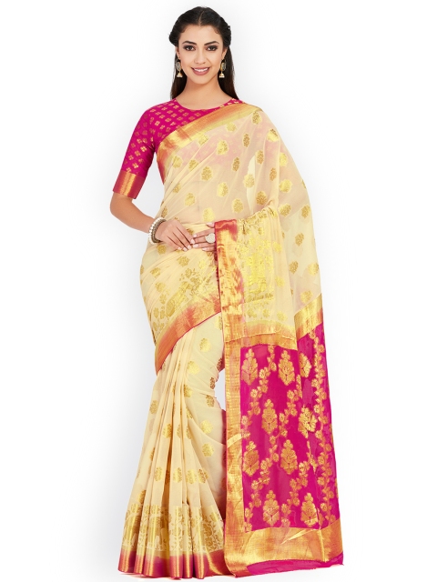 

MIMOSA Beige Poly Chiffon Embellished Kanjeevaram Saree