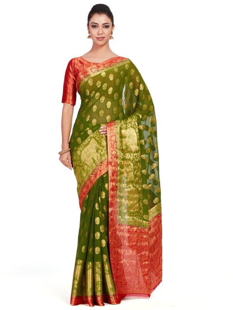 

MIMOSA Olive Green Poly Chiffon Woven Design Kanjeevaram Saree