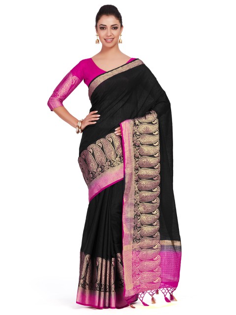 

MIMOSA Black Linen Blend Woven Design Kanjeevaram Saree