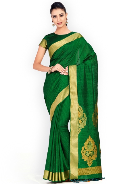 

MIMOSA Green & Gold-Coloured Art Silk Solid Kanjeevaram Saree