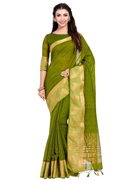 

MIMOSA Olive Green Linen Blend Solid Kanjeevaram Saree