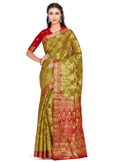 

MIMOSA Olive Green Poly Chiffon Woven Design Kanjeevaram Saree
