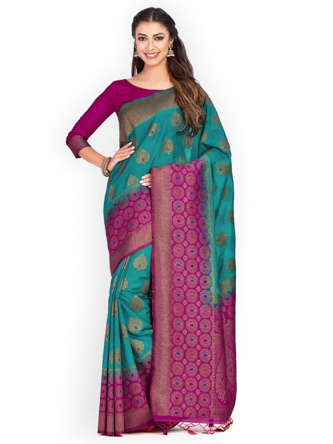 

MIMOSA Teal Green & Pink Art Silk Woven Design Kanjeevaram Saree