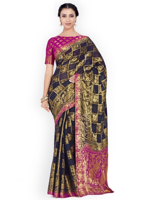 

MIMOSA Navy Blue Poly Chiffon Woven Design Kanjeevaram Saree