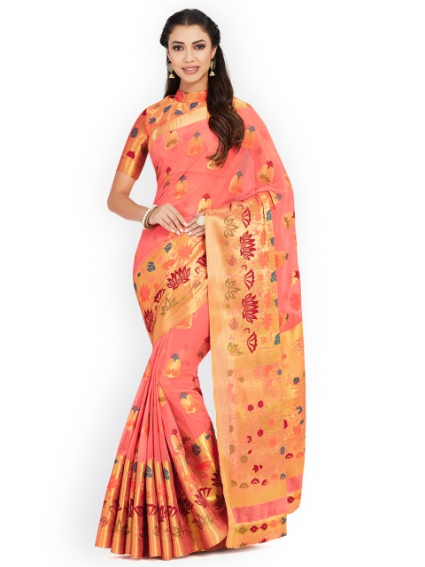 

MIMOSA Coral Pink Poly Chiffon Woven Design Kanjeevaram Saree