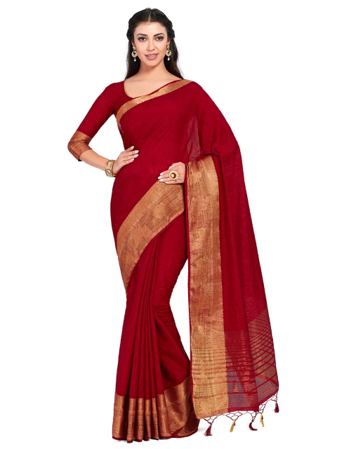 

MIMOSA Maroon Linen Blend Solid Kanjeevaram Saree