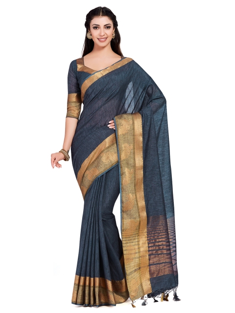 

MIMOSA Charcoal Linen Blend Solid Kanjeevaram Saree