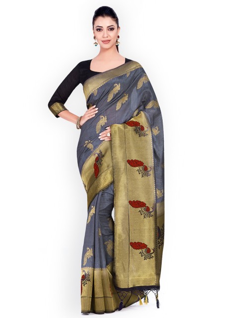 

MIMOSA Grey & Gold-Coloured Art Silk Woven Design Kanjeevaram Saree