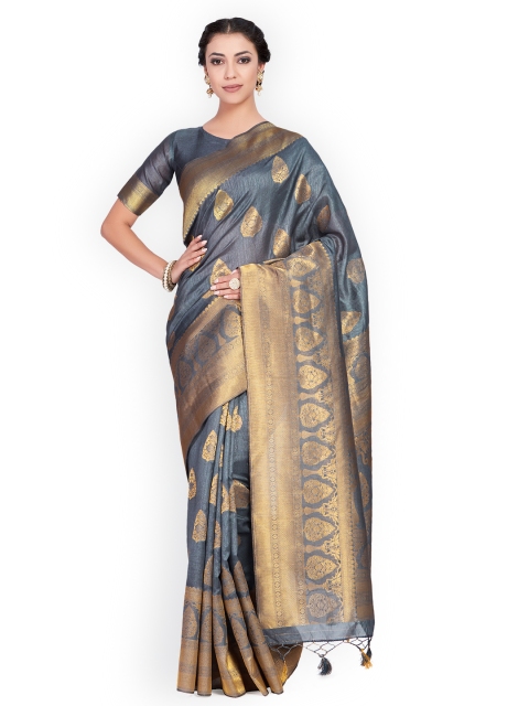 

MIMOSA Grey & Gold-Coloured Art Silk Woven Design Kanjeevaram Saree