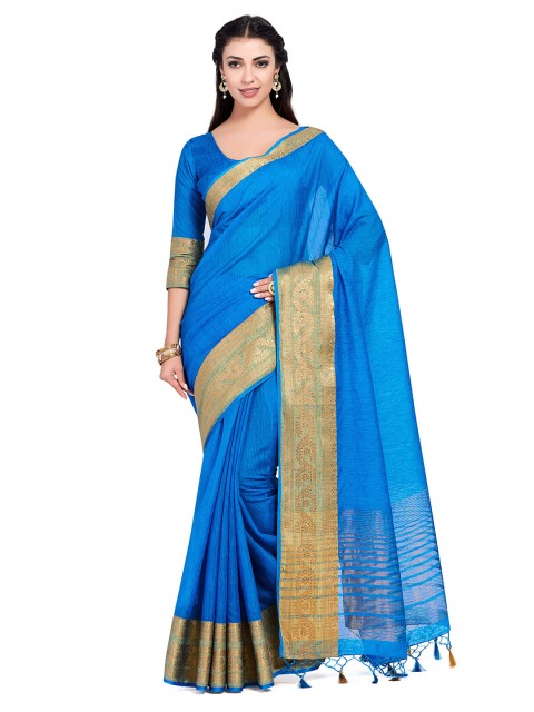 

MIMOSA Blue Linen Blend Solid Kanjeevaram Saree