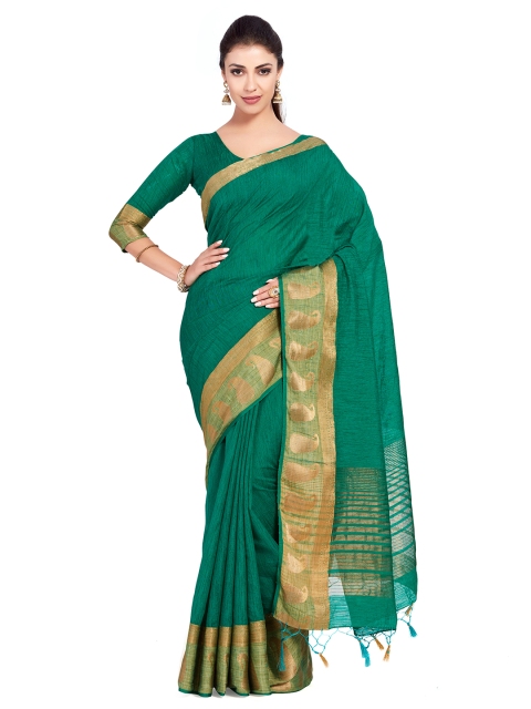 

MIMOSA Green Linen Blend Solid Kanjeevaram Saree