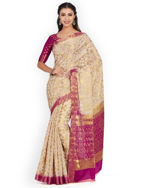 

MIMOSA Beige Poly Chiffon Woven Design Kanjeevaram Saree