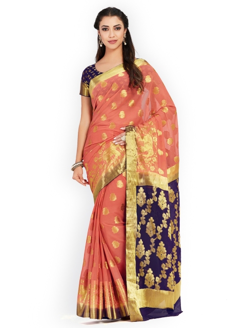 

MIMOSA Coral Pink Poly Chiffon Woven Design Kanjeevaram Saree