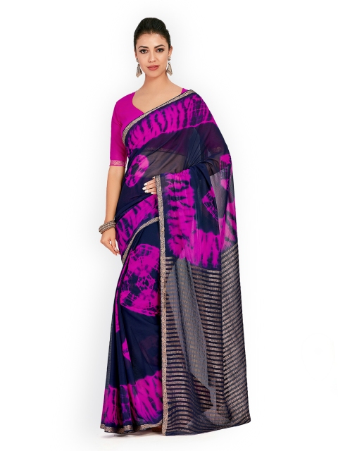 

MIMOSA Navy Blue & Pink Poly Chiffon Dyed Banarasi Saree
