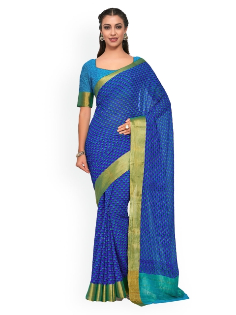 

KUPINDA Blue & Gold-Toned Poly Chiffon Printed Ikat Saree
