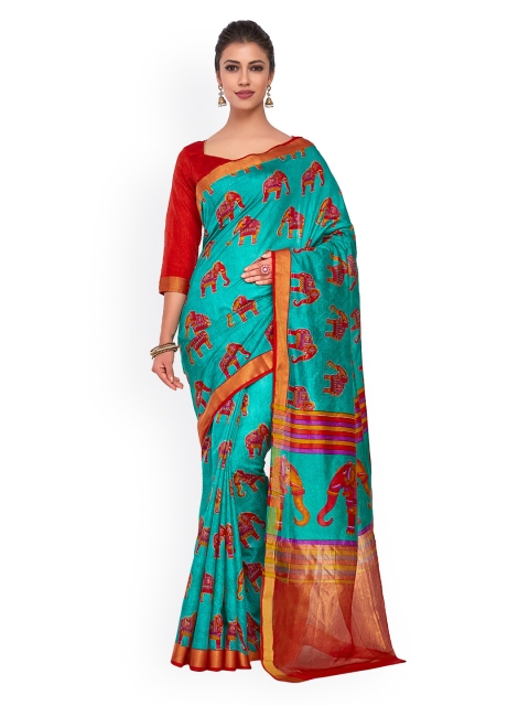 

KUPINDA Sea Green & Red Art Silk Printed Ikat Saree