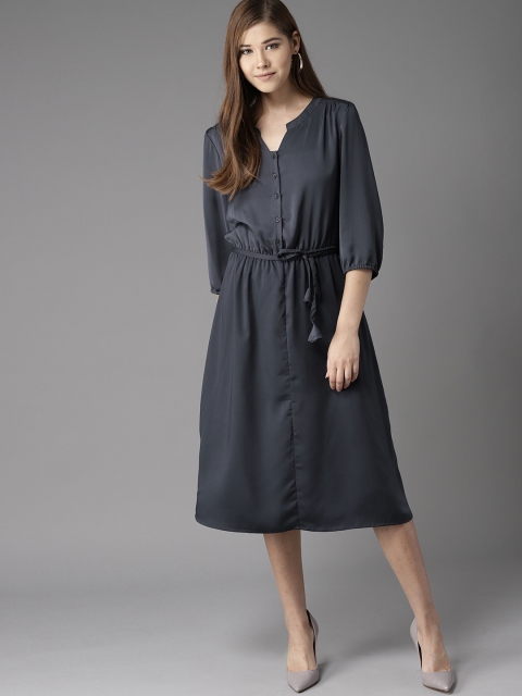 

HERE&NOW Women Navy Blue Solid A-Line Dress