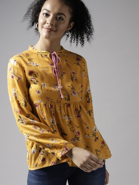 

HERE&NOW Women Mustard Yellow Floral Print Empire Top