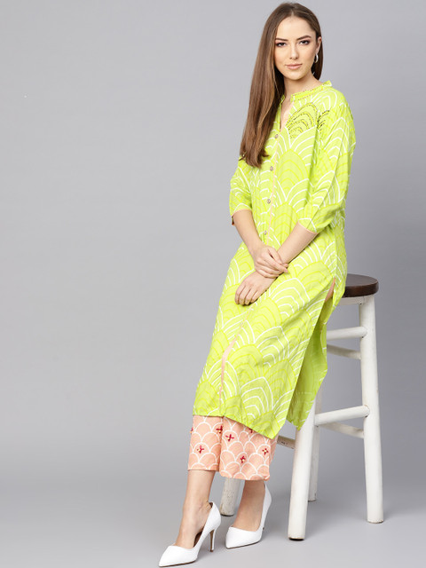 

Ishin Women Green & Peach-Coloured Printed Kurta with Palazzos