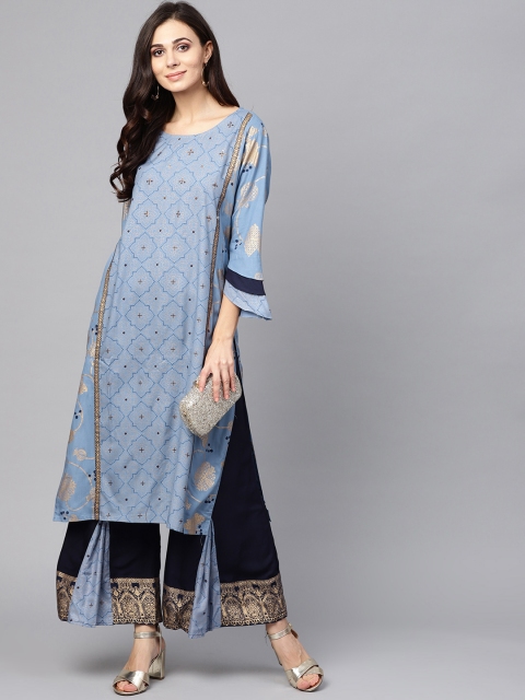 

Ishin Women Blue & Golden Printed Kurta with Palazzos