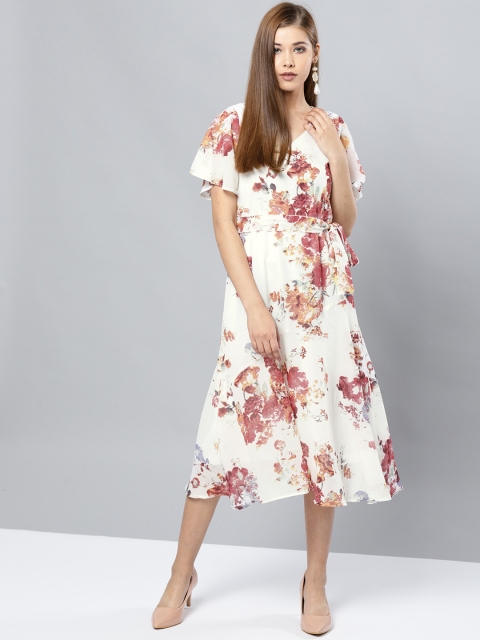 

Harpa Women Off-White & Rust Red Printed A-Line Dress