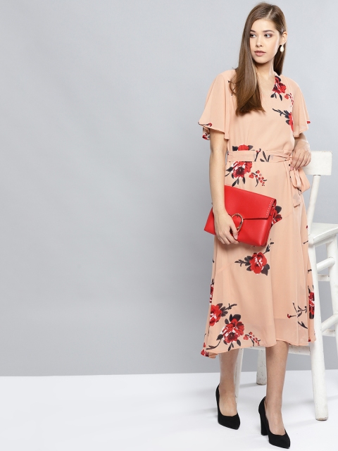 

Harpa Women Peach-Coloured Floral Print Midi A-Line Dress