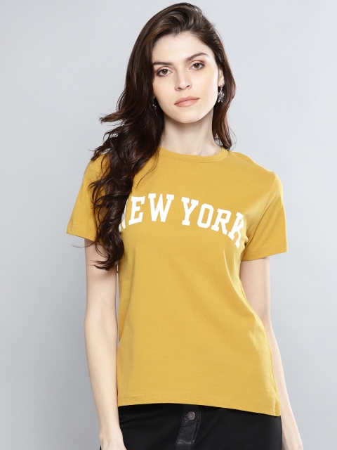 

Harpa Women Mustard Yellow Solid Round Neck T-shirt