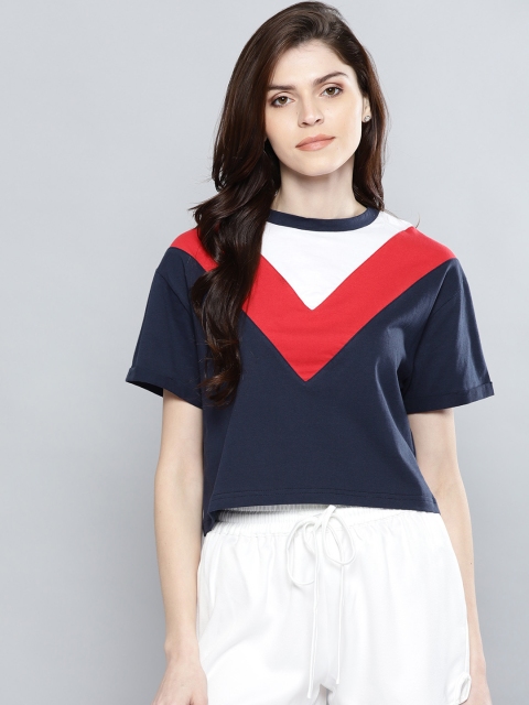 

Harpa Women Navy Blue & Red Colourblocked Boxy Round Neck T-shirt