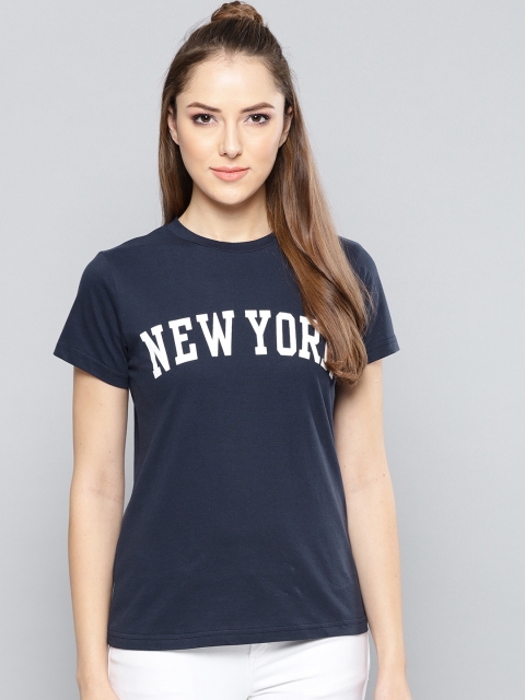 

Harpa Women Navy Blue Solid Round Neck T-shirt