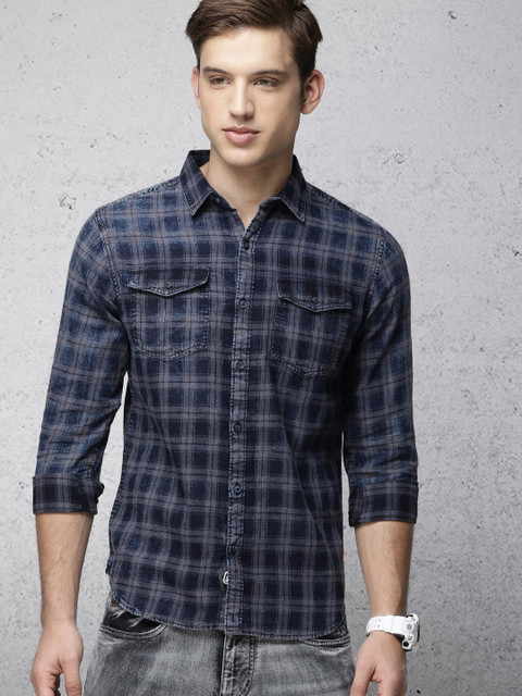 

Ecko Unltd Men Blue & Grey Slim Fit Checked Casual Shirt